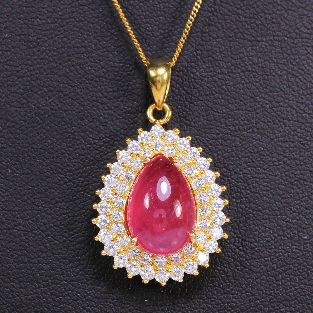 925 STERLING SILVER PENDANT GENUINE PINK RED RUBY PEAR & WHITE CZ GEMSTONE