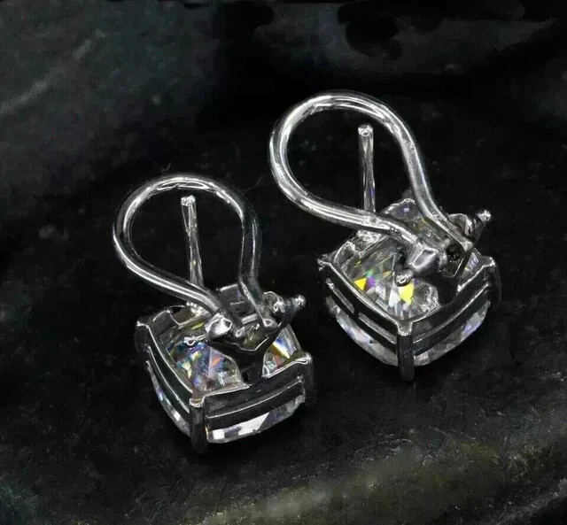 Real Moissanite 3.0Ct Cushion Cut Omega Back Stud Earrings 14K White Gold Plated