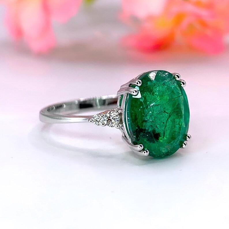 Natural Emerald Ring 14K Gold Oval 3ct Zambian Emerald Diamond Ring.
