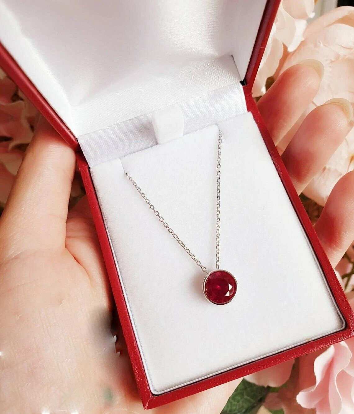 2 CT Solitaire Pink Ruby Bezel Set Pendant With Free Chain 14K White Gold FN