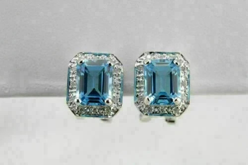 3Ct Emerald Cut Blue Topaz Omega Back Halo Stud Earrings 14K White Gold Finish