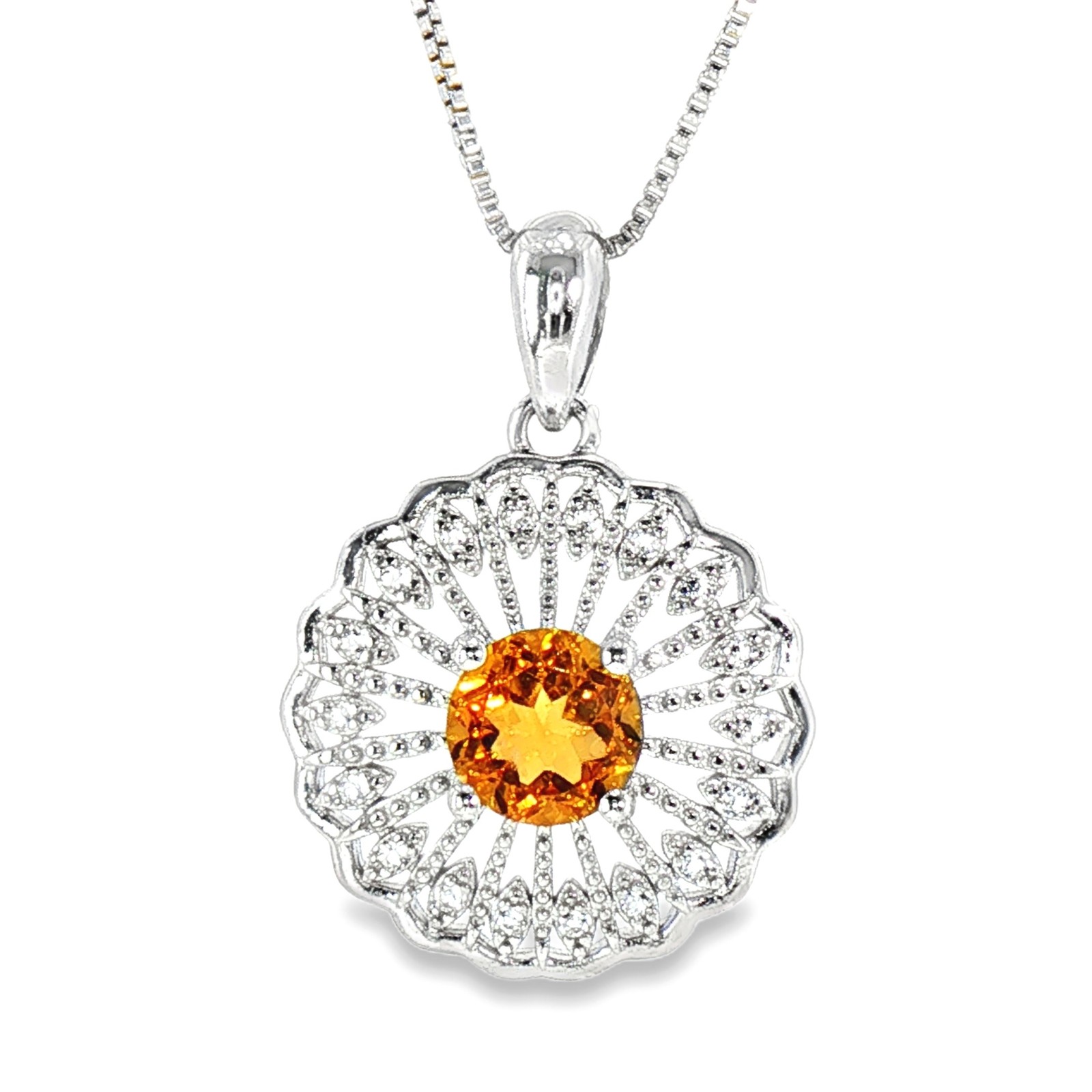 925 Sterling Silver Natural Citrine Pendant Round Yellow 3.45gm Rhodium Plated