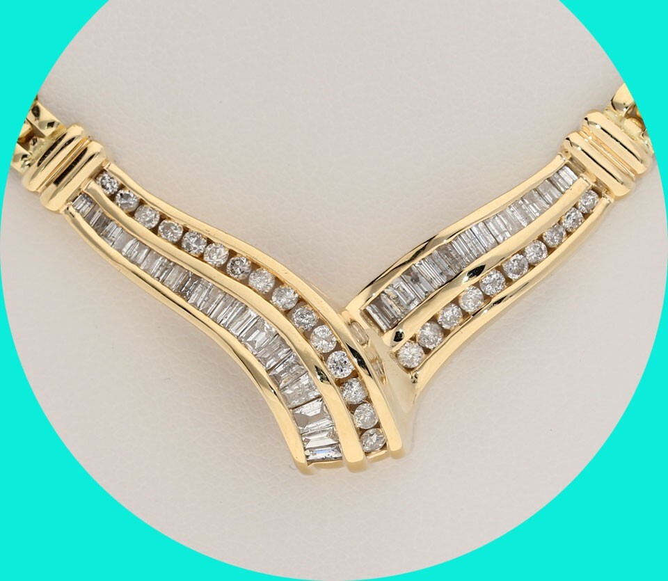 Natural Diamond V Station Pendant Mech Chain Necklace 1.90CT 14K YG 18” Long