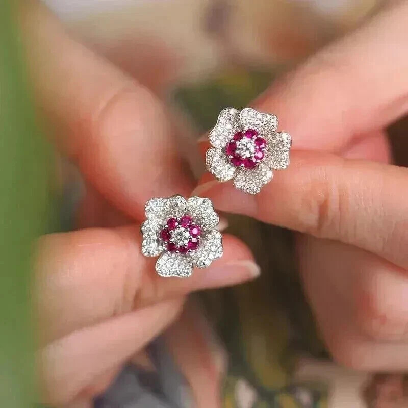 2Ct Round Cut Lab-Created Pink Ruby Diamond Stud Earrings 14K White Gold Plated