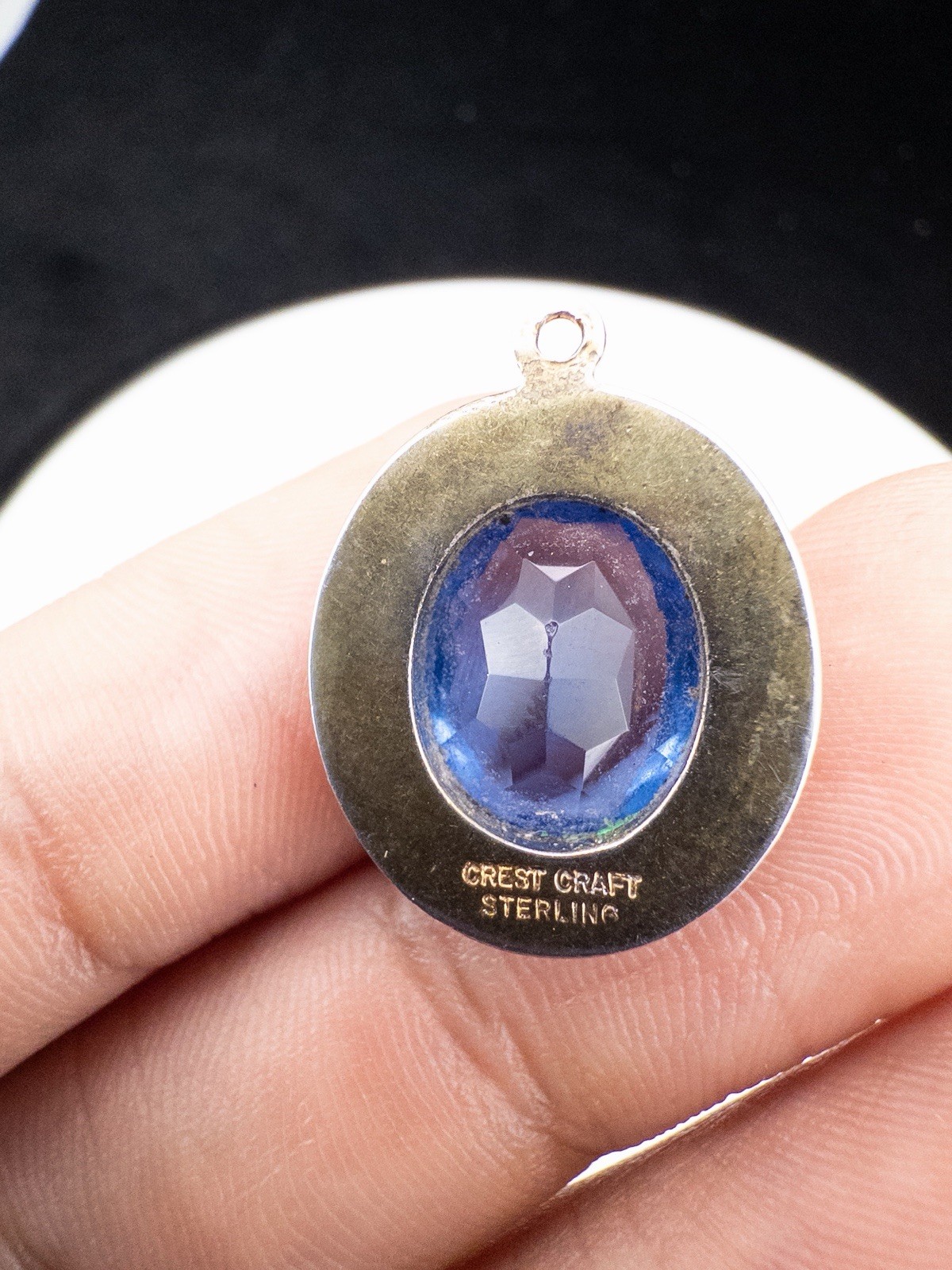 Vintage Sterling Silver Crest Craft United States Navy Pendant With Blue Crystal
