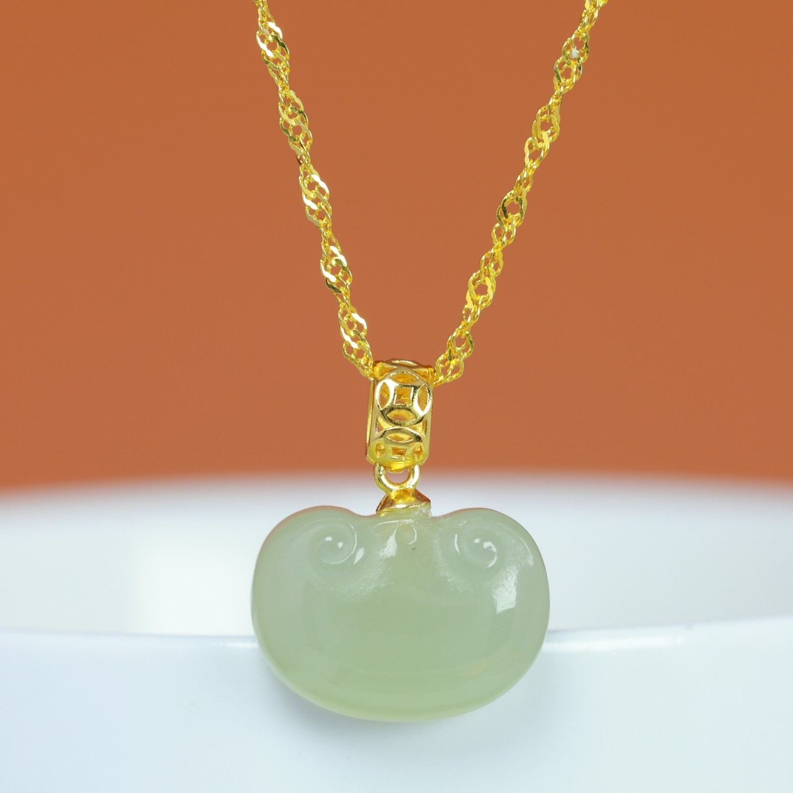 S925 Silver Gold Plated Jade Ruyi Lock Pendant Necklace Chain