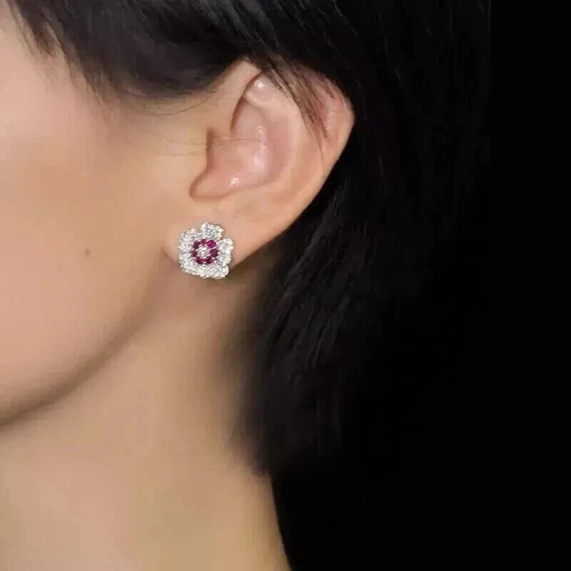 2Ct Round Cut Lab-Created Pink Ruby Diamond Stud Earrings 14K White Gold Plated