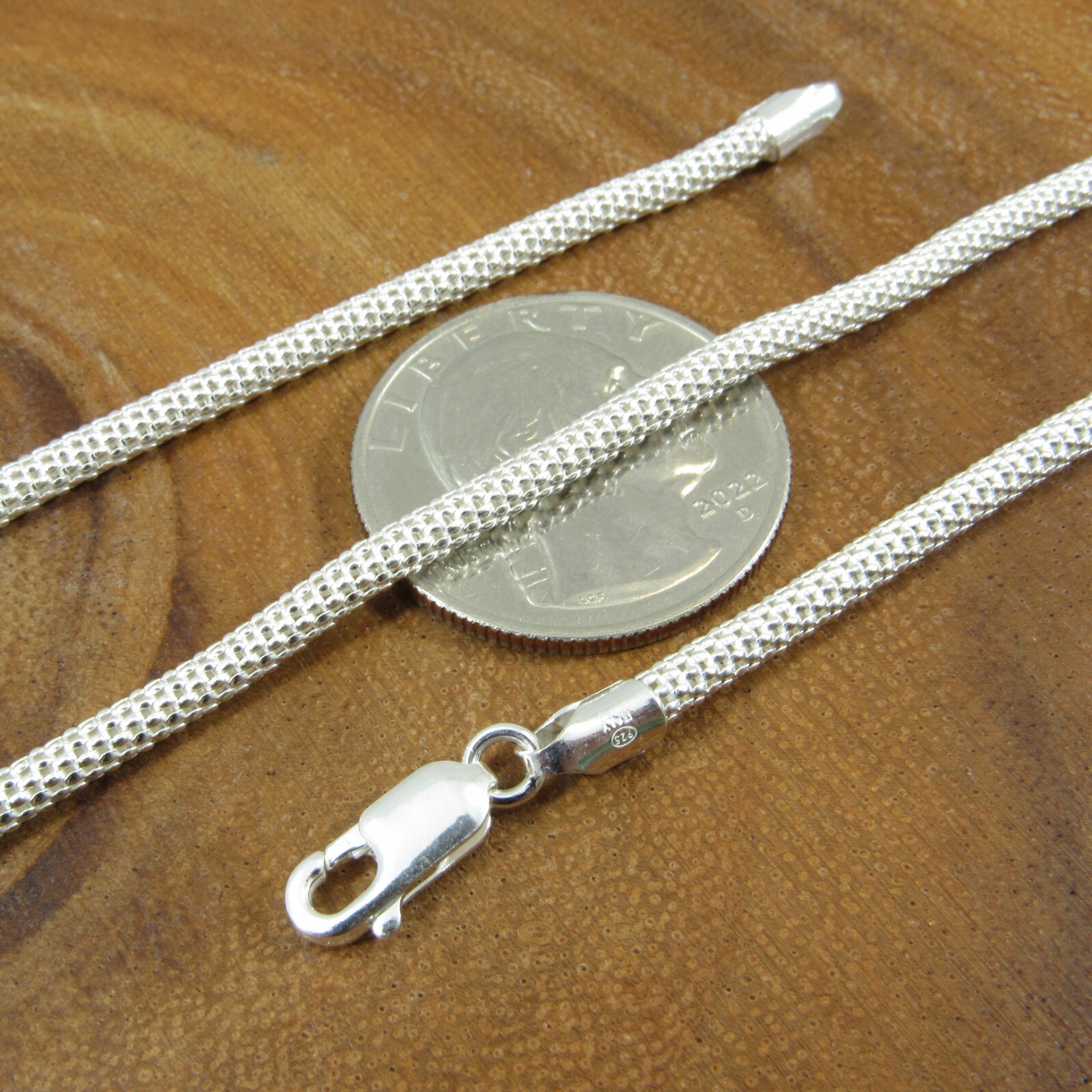 3MM Solid 925 Sterling Silver Womens Italian Popcorn Mesh Chain Necklace, Italy