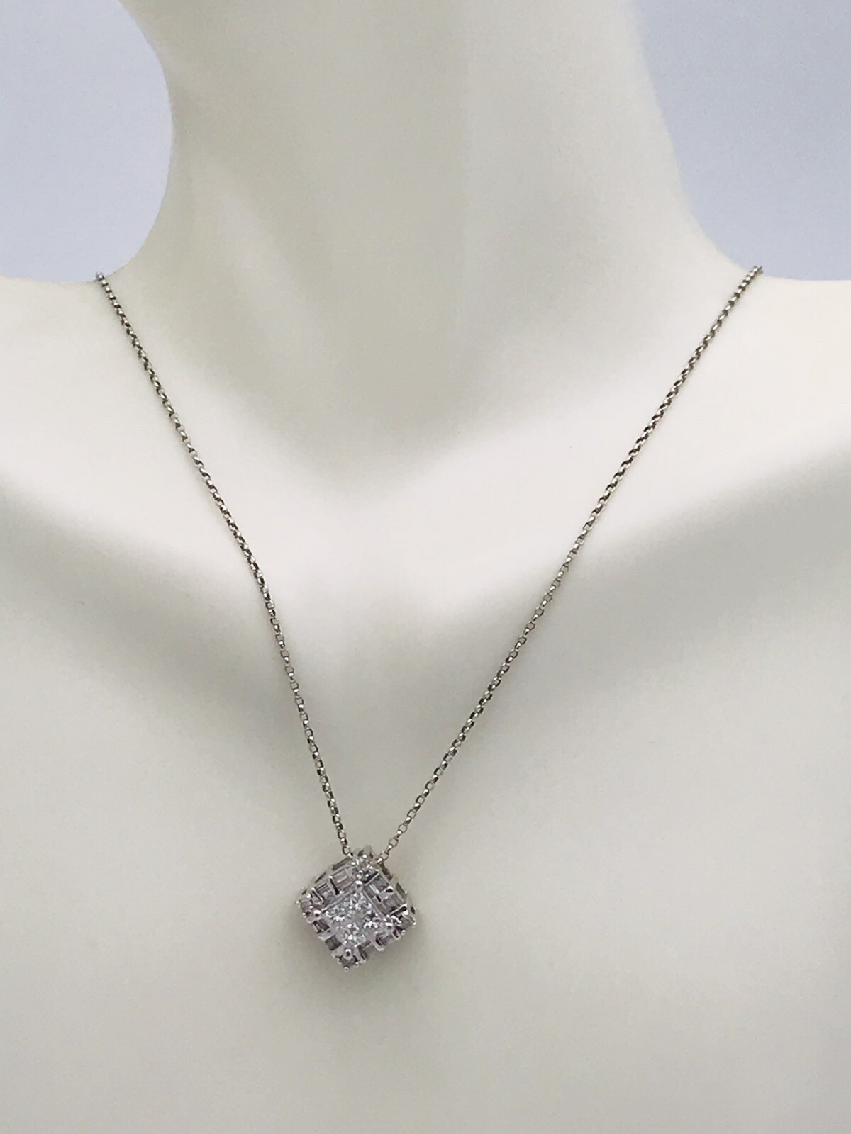 14k White Gold .75ct(tw) Natural Diamond Invisible Princess Setting Necklace 17”
