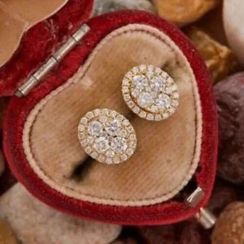 14K Yellow Gold Plated 2Ct Round Cut Lab-Created Diamond Cluster Stud Earrings