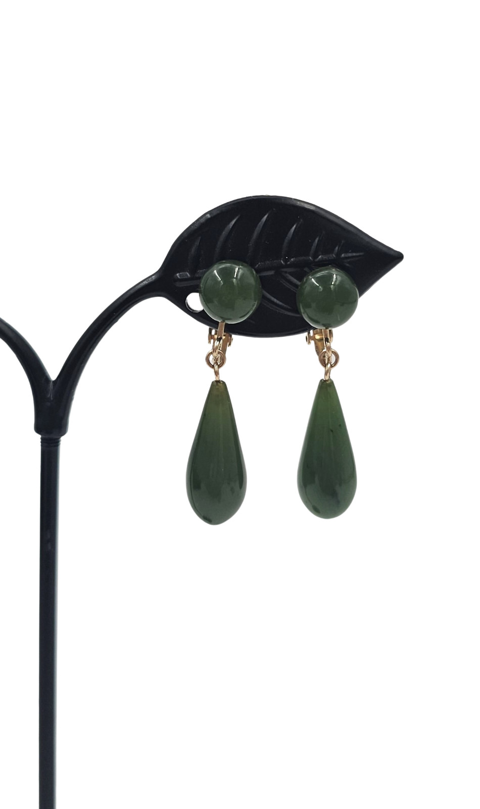 Vtg Solid 14k Gold Natural Green Jade Raindrop Dangle Clip-on Estate Earrings 6g