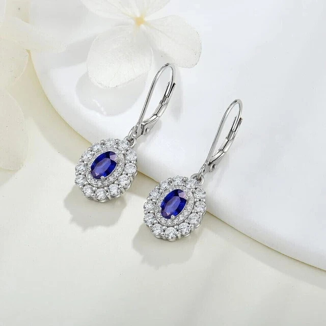 3 Ct Oval Lab-Created Blue Sapphire Drop/Dangle Earrings 14k White Gold Plated
