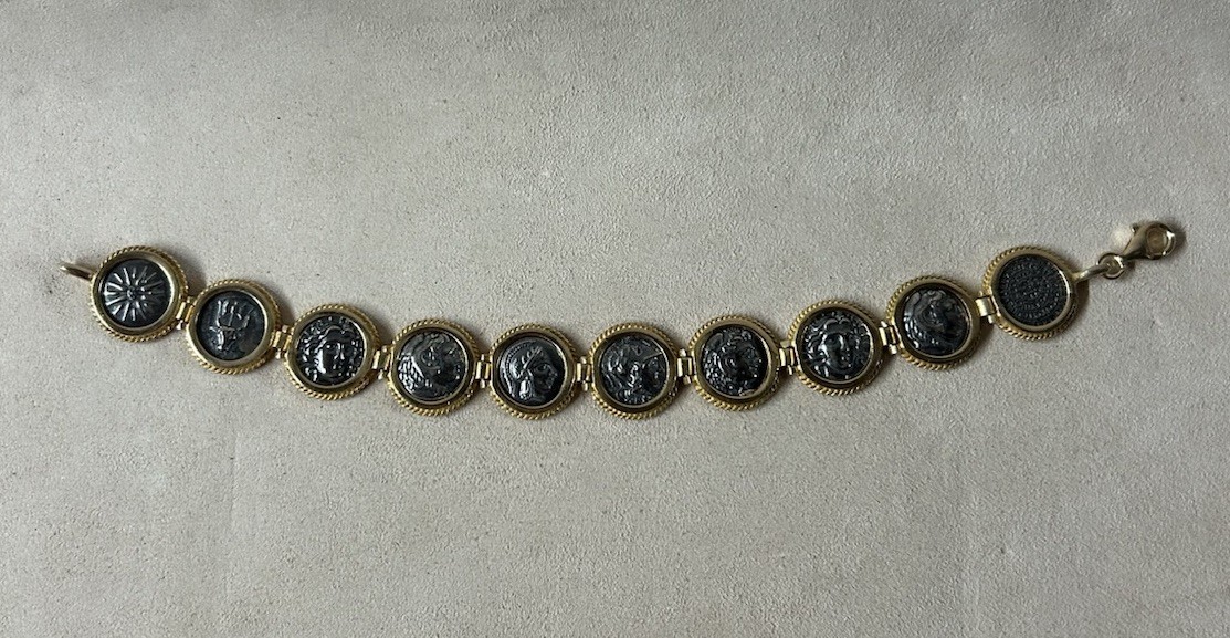 Sterling Silver Vermeil Ancient Greek Coins Link Bracelet 7.25 “