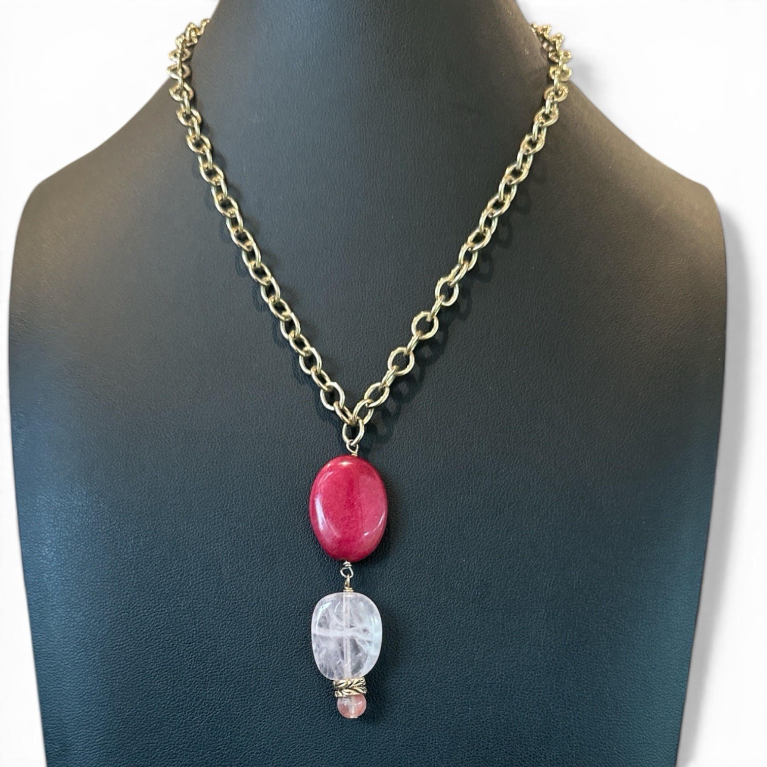 Studio Signed BARSE Natural Gemstone Pendant Necklace Pink Quartz Red Rhodonite