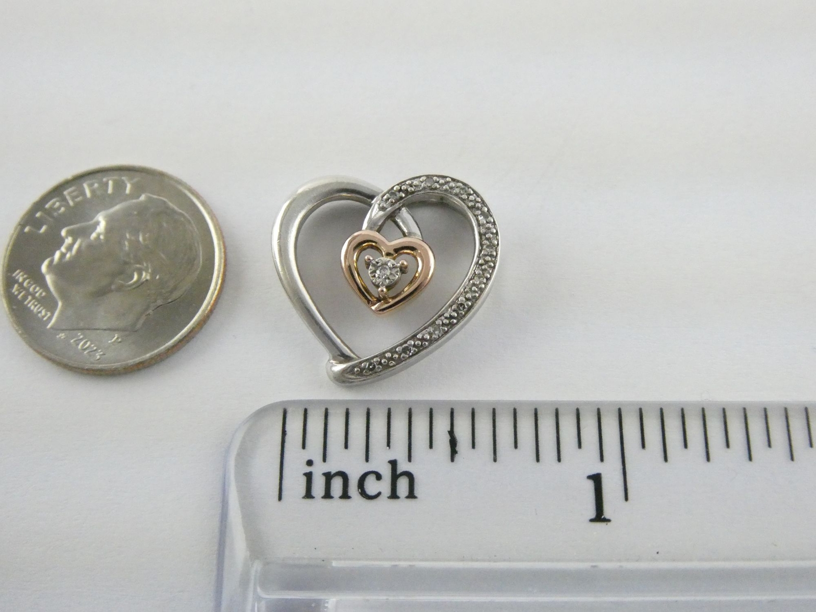 Designer Sterling Silver and 10k Gold Natural Diamond Heart Pendant 2.5g .75 In