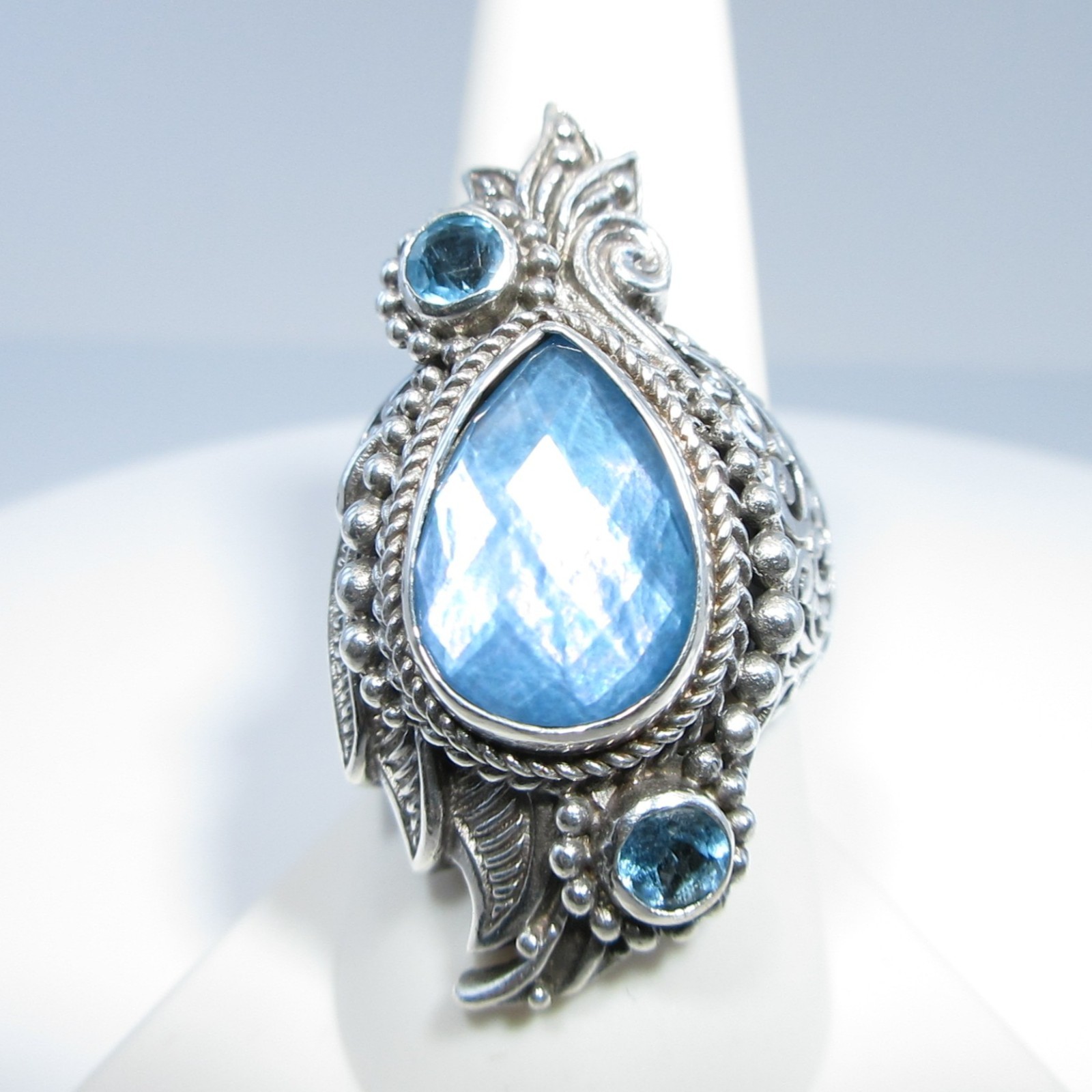 Sarda Sterling Silver Blue MOP Quartz Triplet & Swiss Blue Topaz Ring Size 9