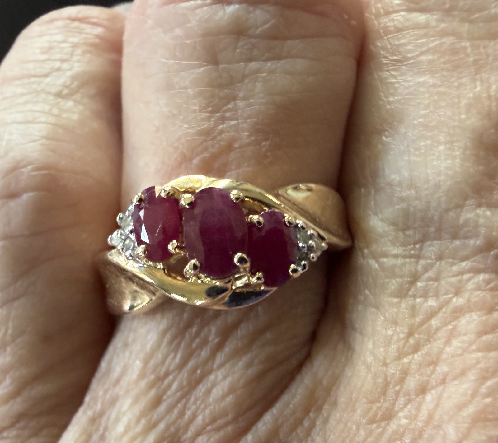 14k Yellow Gold Three Oval Ruby And Diamond Ring