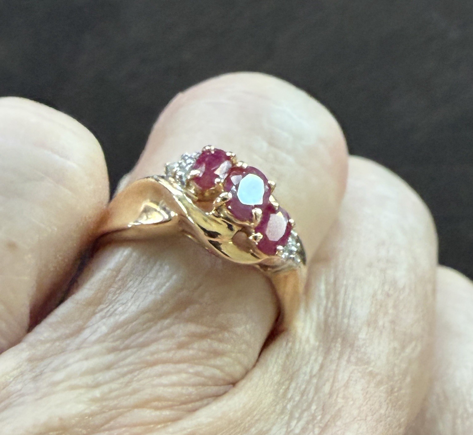 14k Yellow Gold Three Oval Ruby And Diamond Ring