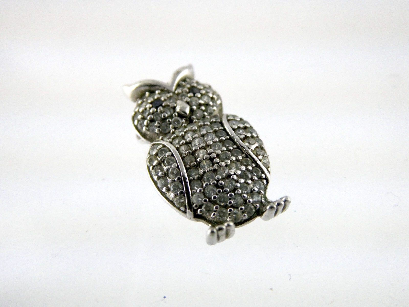 Sterling Silver White and Blue Crystal Pave Studded Owl Pendant 925 1.9g .75 In