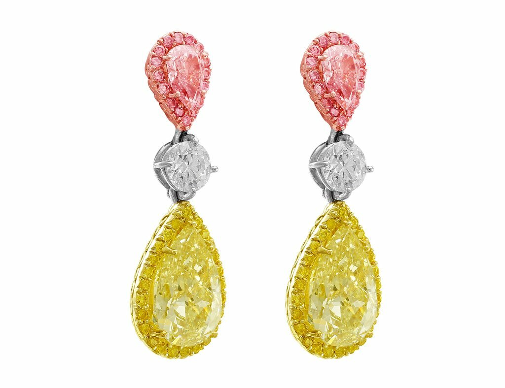 5Ct Lab-Created Yellow Pink Sapphire Cocktail Drop Earrings 3 Tone Gold Plated