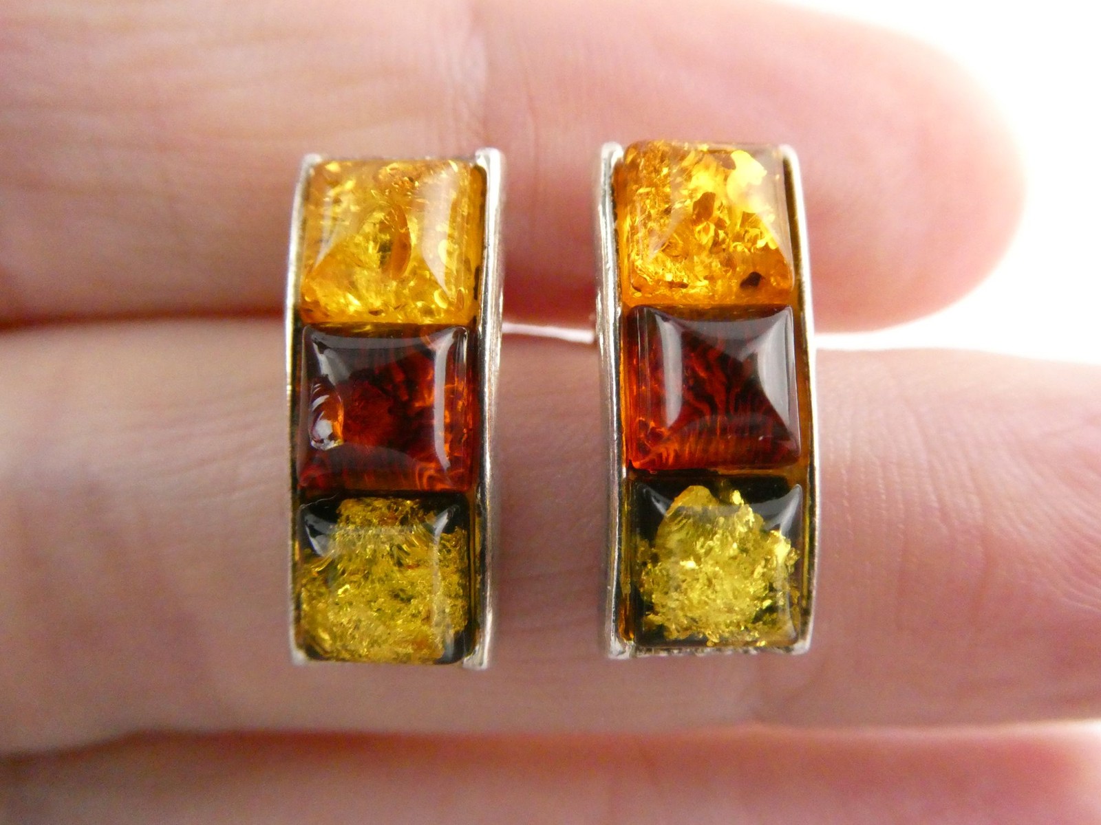 Sterling Silver Multi Colored Triple Amber Rectangular Stud Earrings 3.8g .75 In