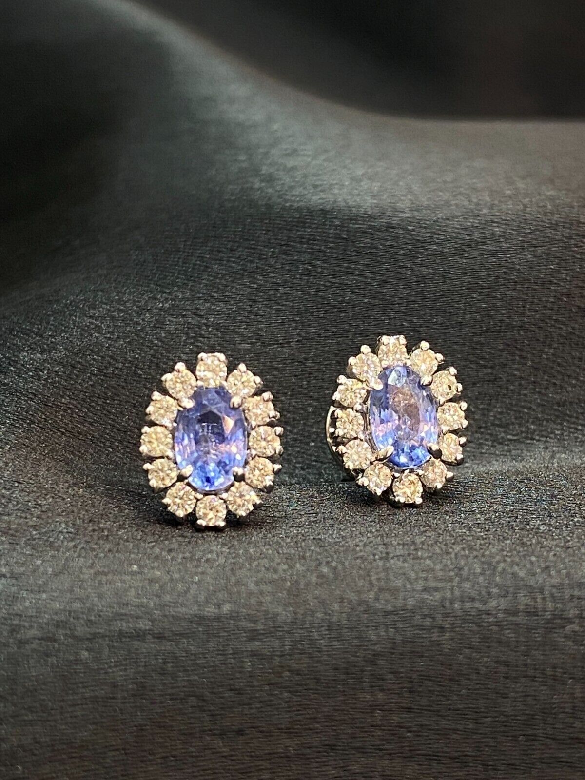 1.85 Cts Round Brilliant Cut Diamond Blue Sapphire Stud Earrings 14K White Gold
