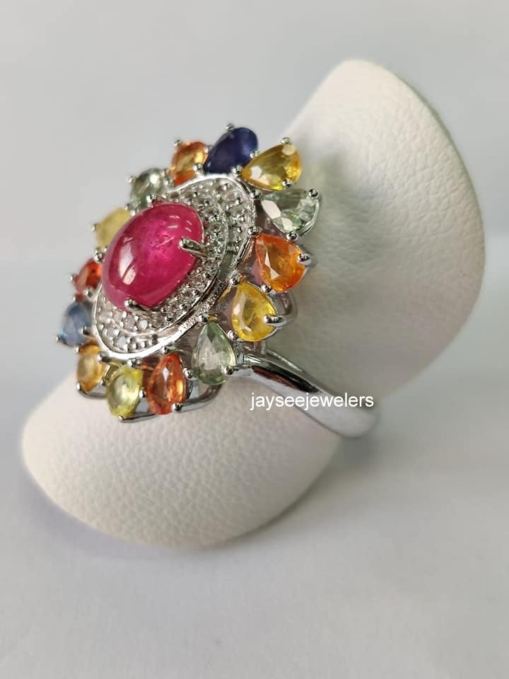 925 Sterling Silver Ruby Multi Tourmaline Pave Diamond Fine Ring Jewelry For Her