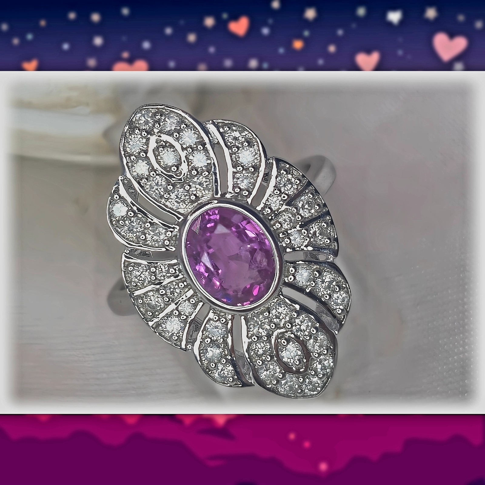 ​💗 Natural Pink Ceylon Sapphire & Diamond Contemporary Art Deco Ring In 14ct…