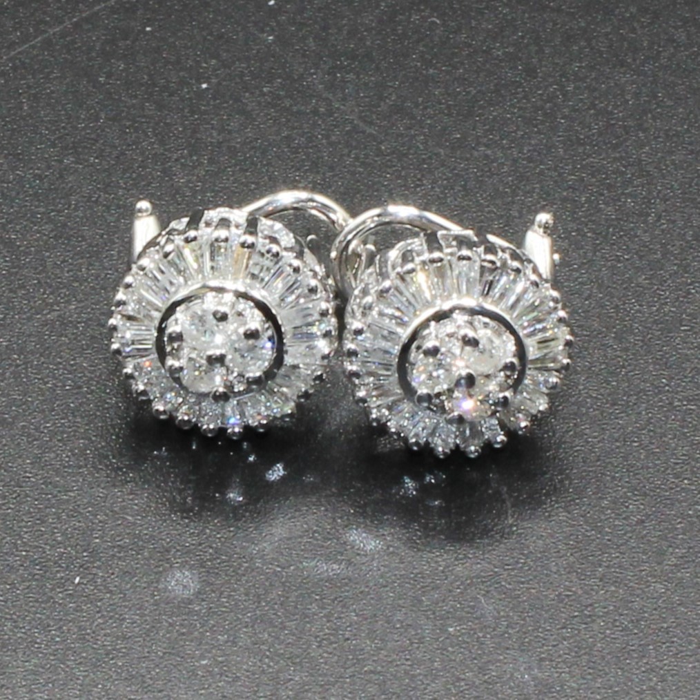 14K White REAL NATURAL Diamond Cluster Earrings 1.25CT Baguette HEAVY Omega Back