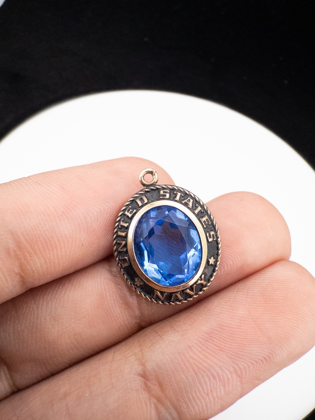 Vintage Sterling Silver Crest Craft United States Navy Pendant With Blue Crystal