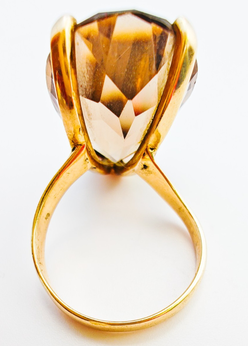 14K Gold Huge 14Ct Smoky Quartz Pear Cut Statement Ring Size 5.75 Estate Vintage
