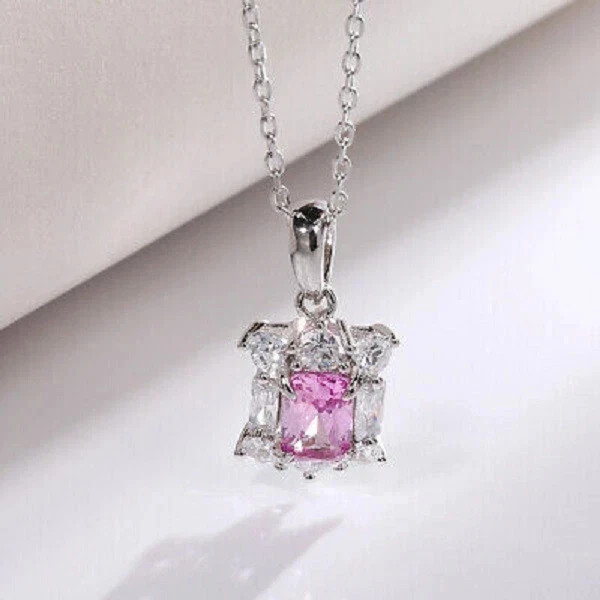2Ct Emerald Cut Halo Sapphire Solitaire Pendant 18″ Free Chain 14k White Gold F