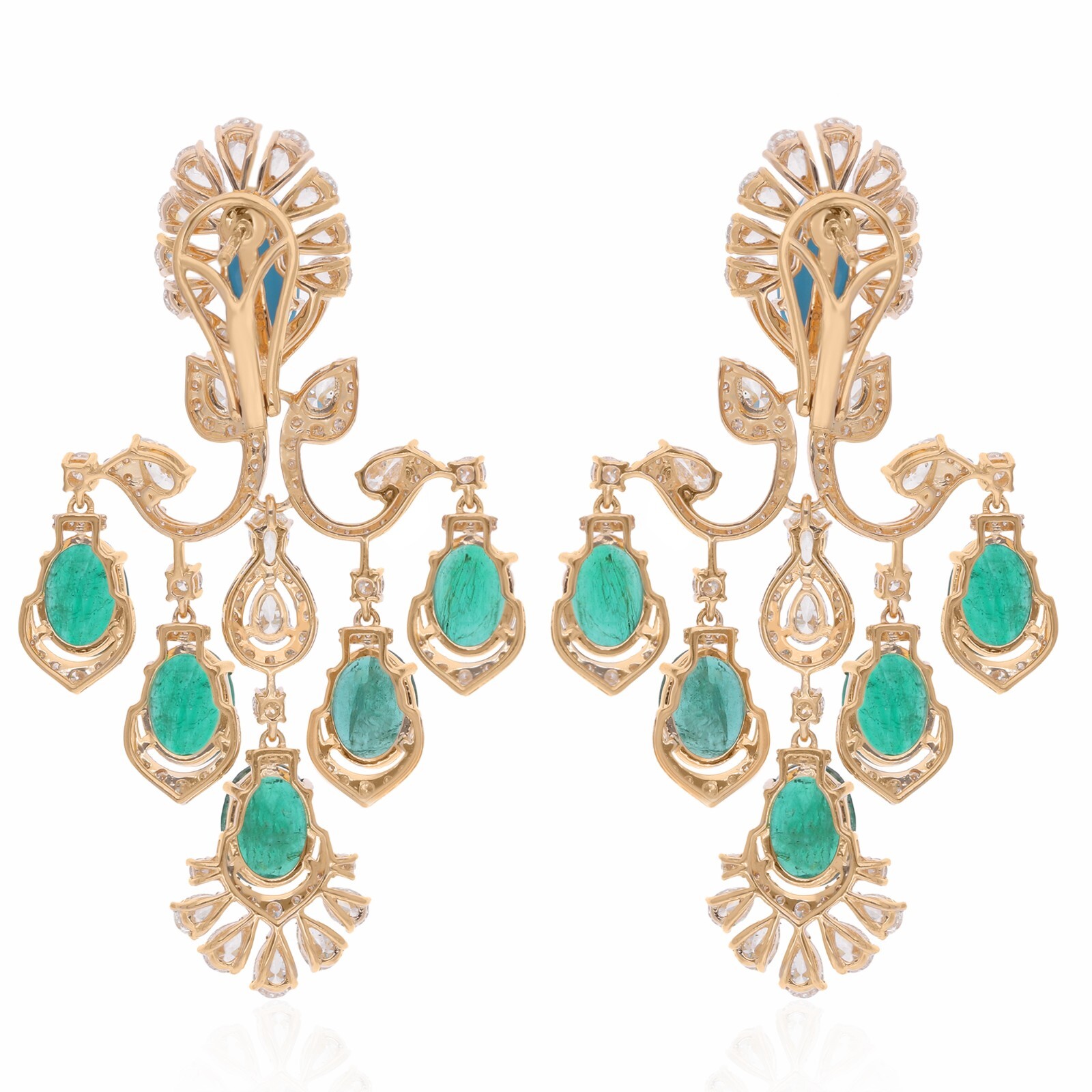 19.00TCW Emerald Lab Grown CVD Diamond Turquoise 14k Yellow Gold Dangle Earrings