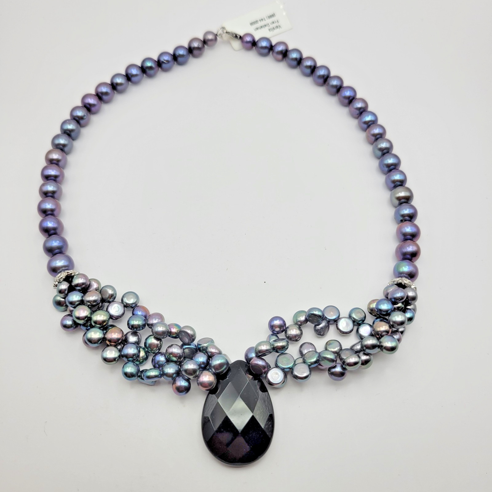 Sterling Silver Peacock Pearl Faceted Onyx Pendant Necklace Graduated Cluster