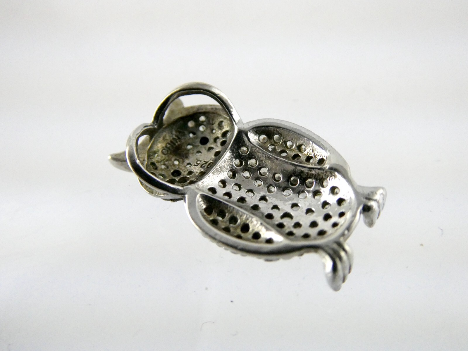 Sterling Silver White and Blue Crystal Pave Studded Owl Pendant 925 1.9g .75 In
