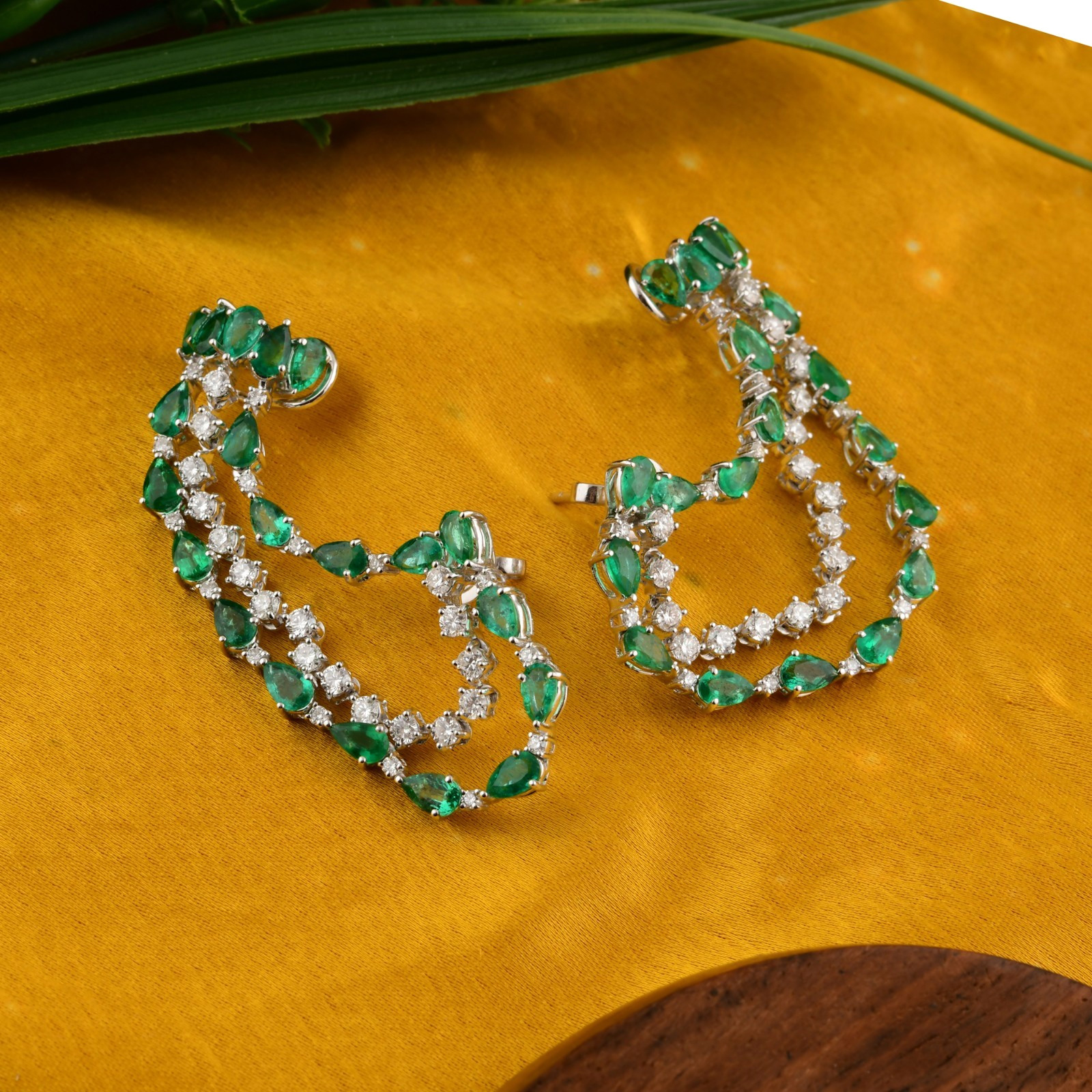 10.35 Tcw Zambian Emerald Lab Grown CVD Diamond Climber Earrings 14k White Gold