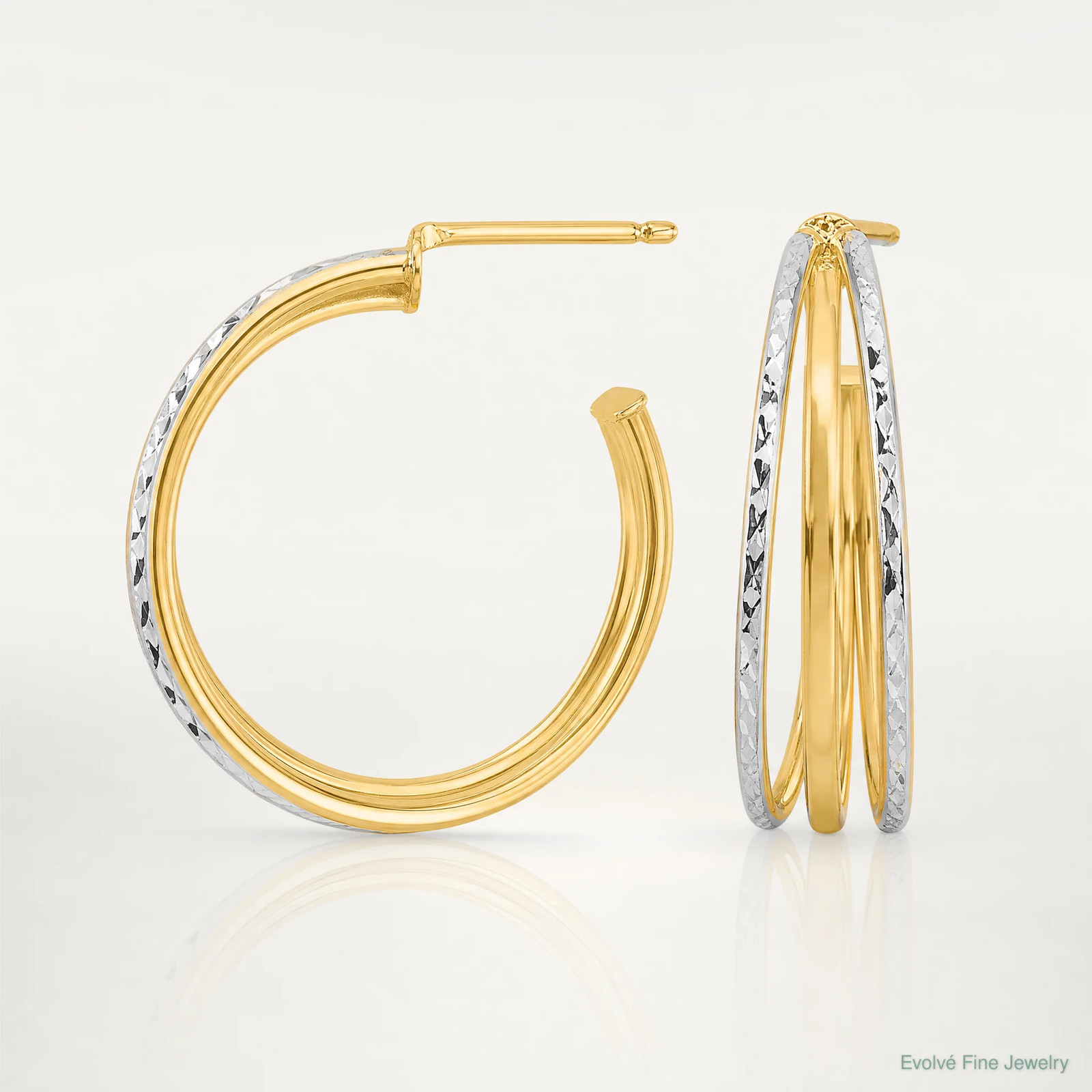 14K Yellow & RH With White RH And Diamond-Cut 3-Row Round J-Hoop Post Earrings