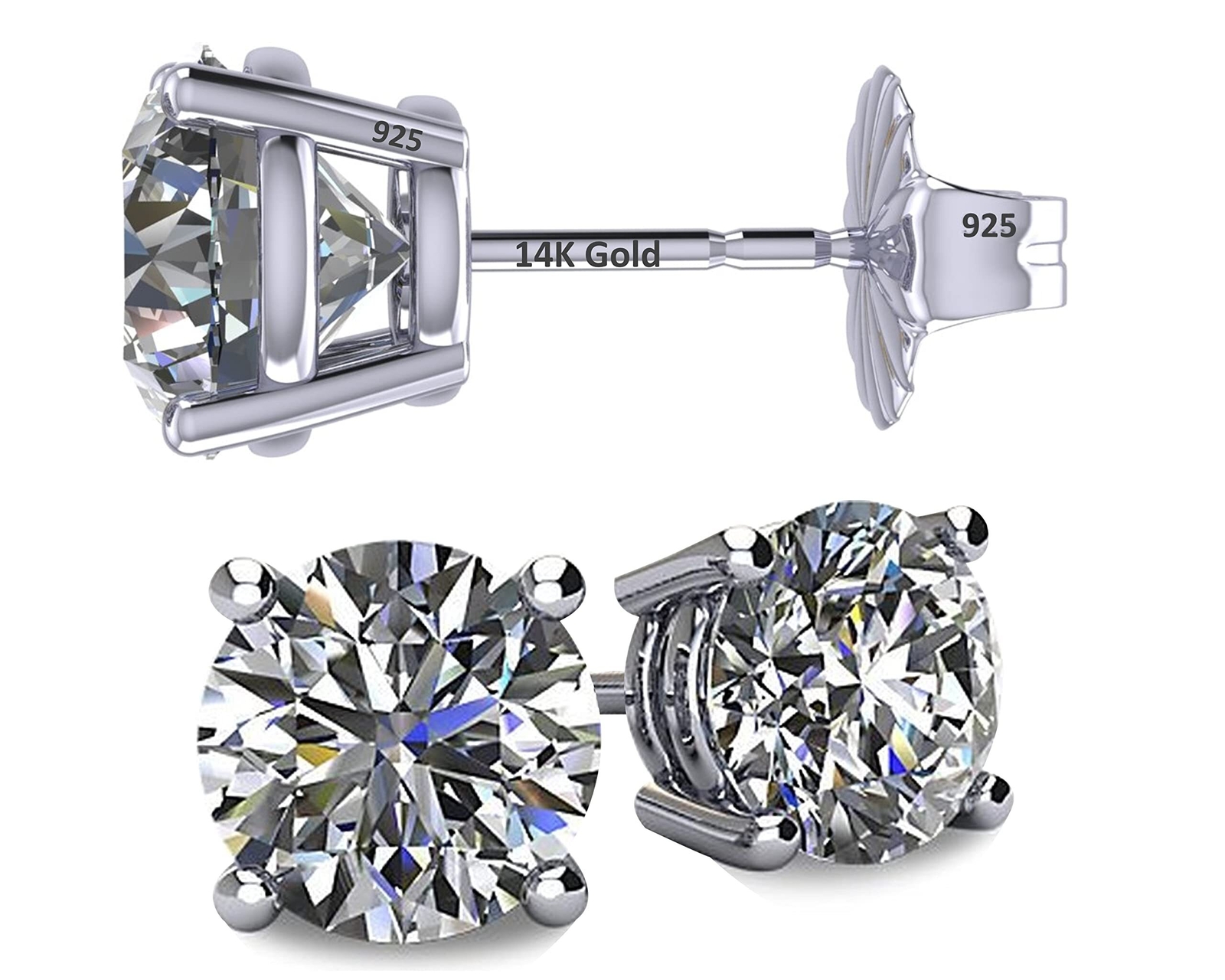 Platinum Plated 925 Sterling Silver 4 Prong Stud Earrings With 0.5 Carat CZ