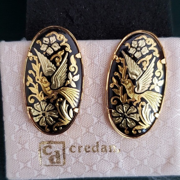 CREDAN S A SPAIN Damascene Clip Earrings 24 18 Carat Gold Birds Flowers Oval