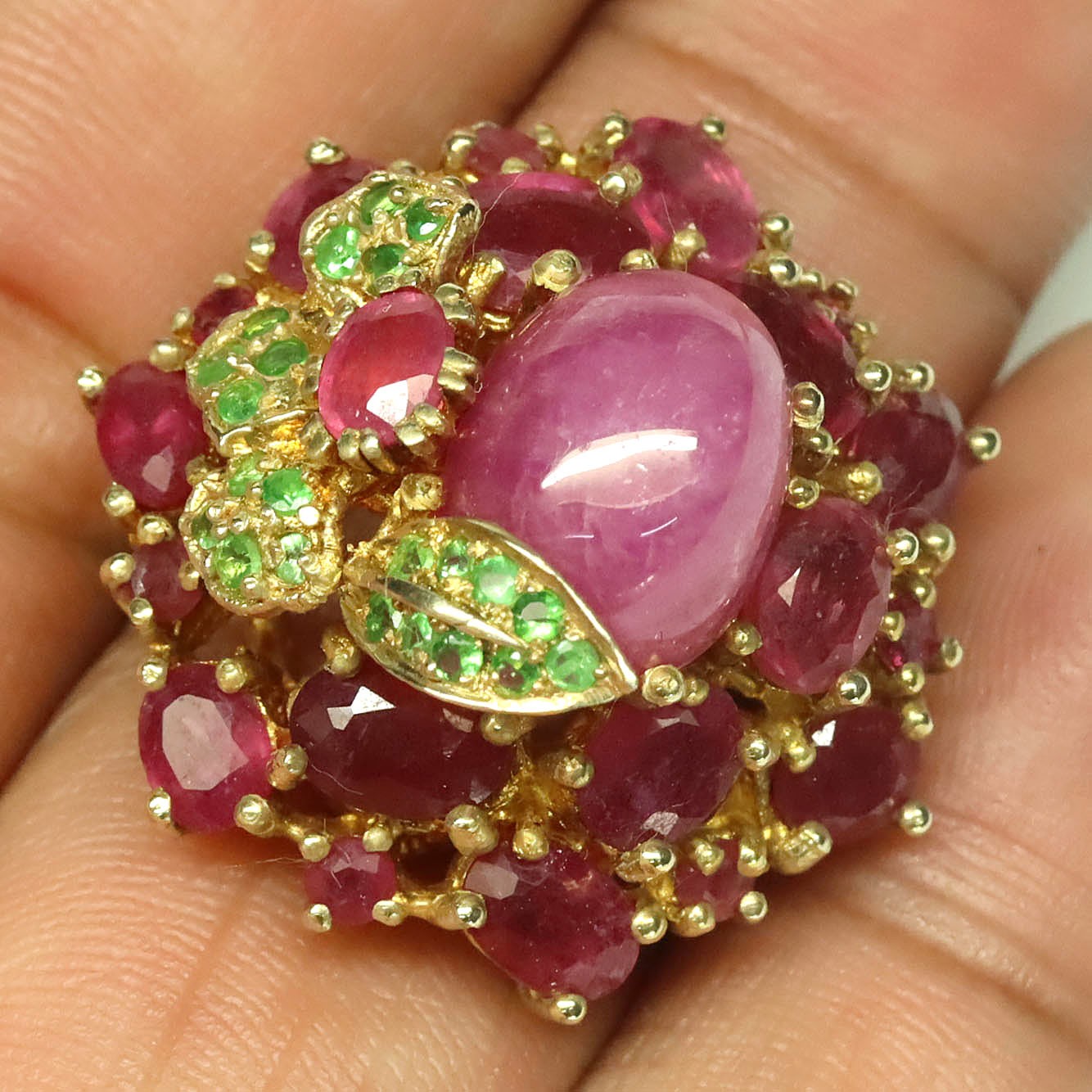 925 Sterling Silver Pink Red Ruby & Tsavorite Jewelry Ring Size 7.75