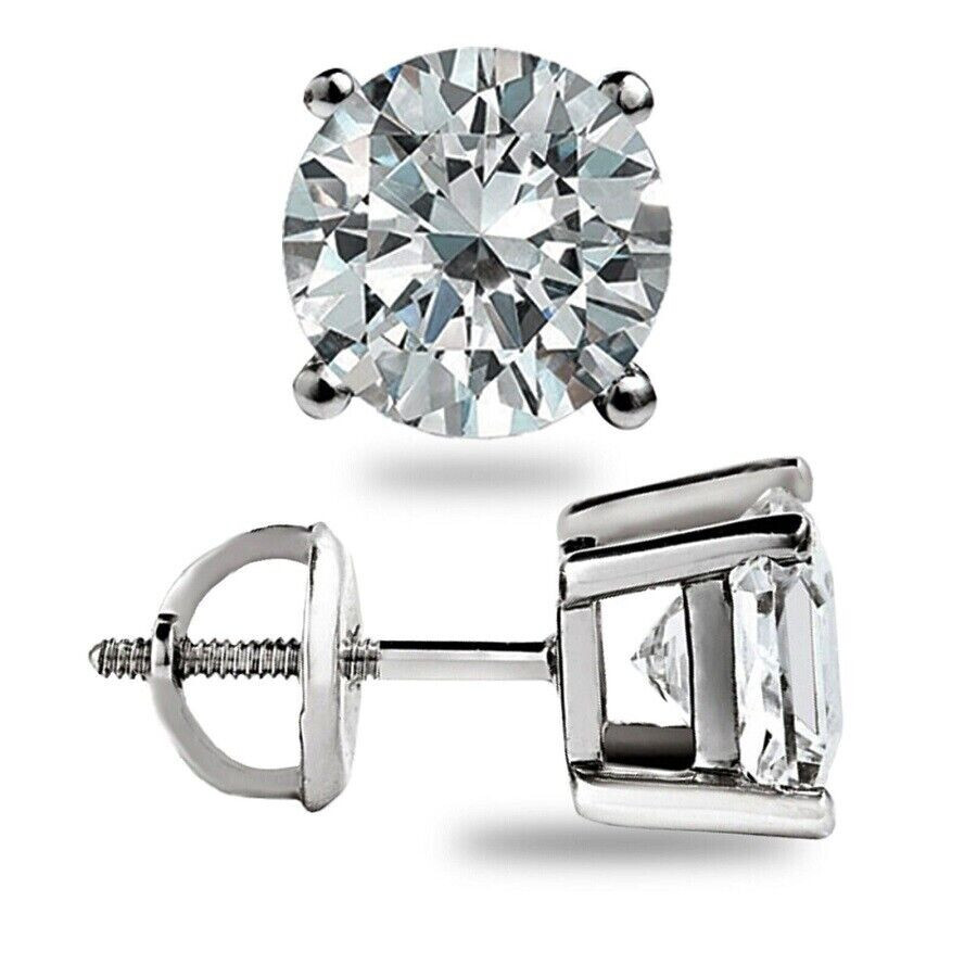 3CT ROUND CUT MOISSANITE EARRINGS GRA 14K SOLID WHITE GOLD STUDS SCREW-BACK GIFT