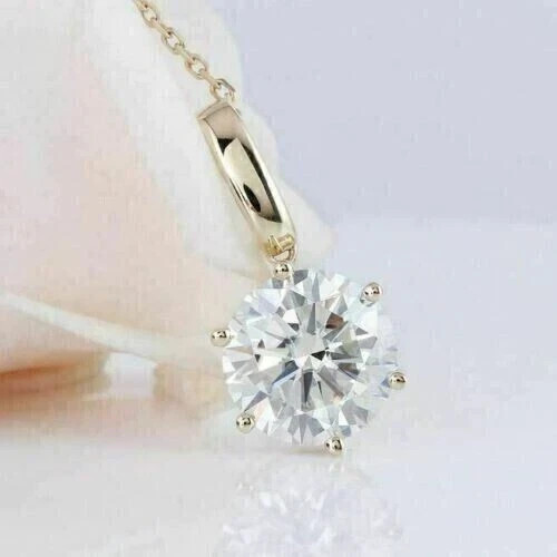 3Ct Round Real Moissanite Women’s Solitaire Pendant Chain 14k Yellow Gold Finish