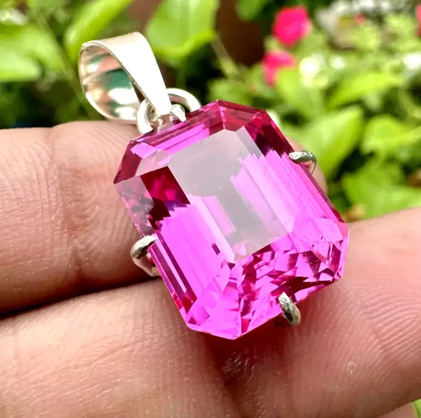 26 Ct A++ Natural Pink Sapphire Emerald Cut 925 Solid Silver Pendant Gemstone