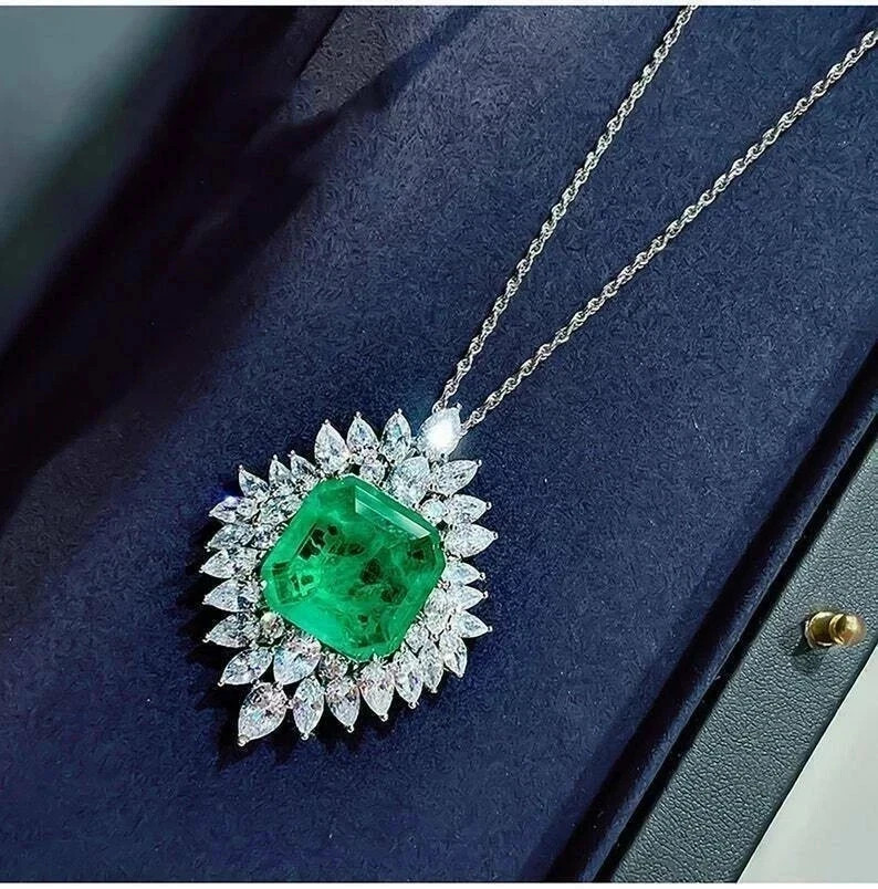 3Ct Asscher Cut Lab Created Green Emerald Diamond Pendant 14K Yellow Gold Plated