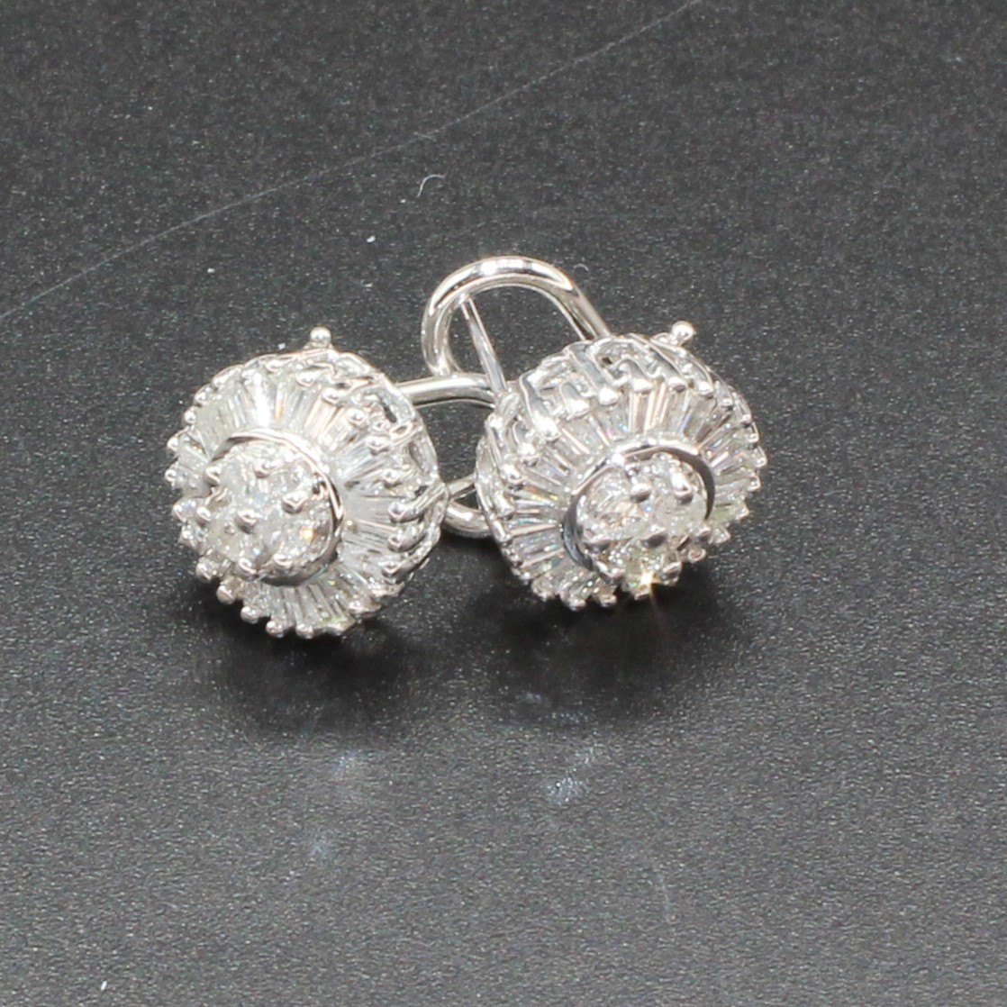 14K White REAL NATURAL Diamond Cluster Earrings 1.25CT Baguette HEAVY Omega Back