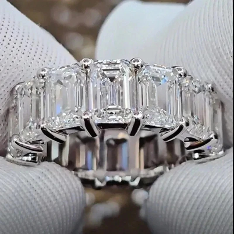 Rare 14 Ct Emerald Cut White Diamond Full Eternity Band in 925 Silver Free Gift