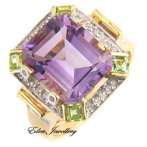 US$1950 CERTIFICATE Terrific14K Gold Ring Eye Clean Diamond Sapphire Peridot