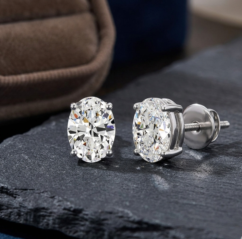 14k White Gold Studs 3 Carat Oval Diamond Earrings IGI Lab Grown E F / VVS CVD