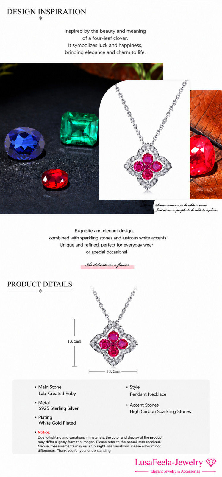 Lab-Created Emerald Ruby Clover Pendant Necklace S925 Sterling Silver Gift