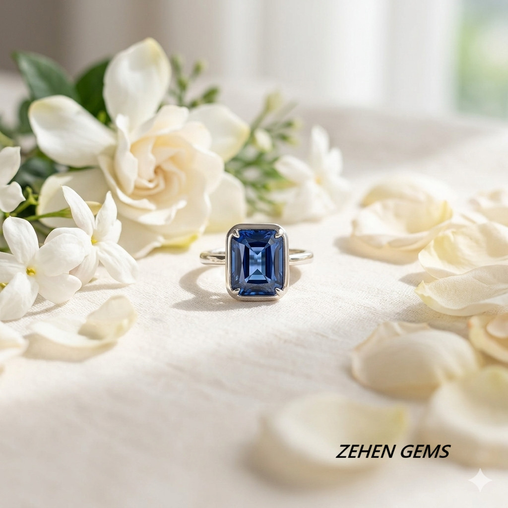 Lab created Blue Sapphire Ring Women Emerald Cut Solitaire Ring